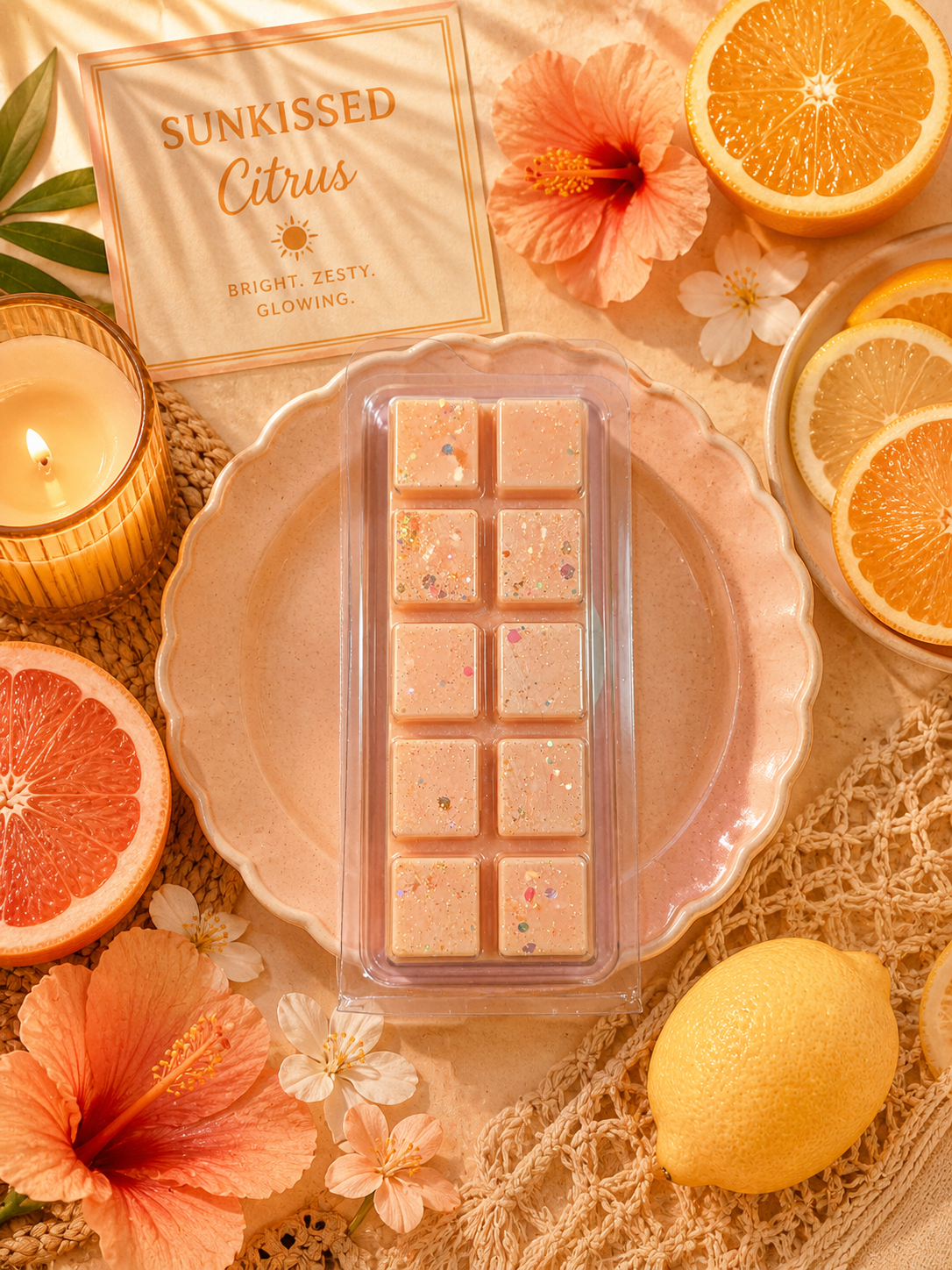 Scented wax melts in a mold with citrus fruits and flowers on a warm-toned background.