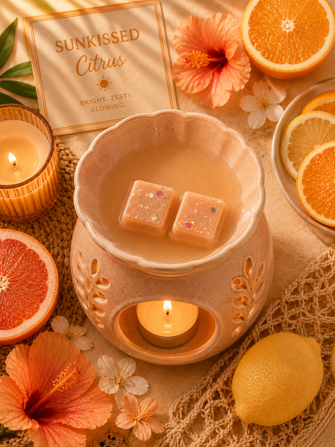 A warm spa-style candle and wax warmer arrangement on a beige fabric surface. The central product is a peach ceramic wax warmer with a tea light candle inside and two square wax cubes with glitter in the top bowl.
