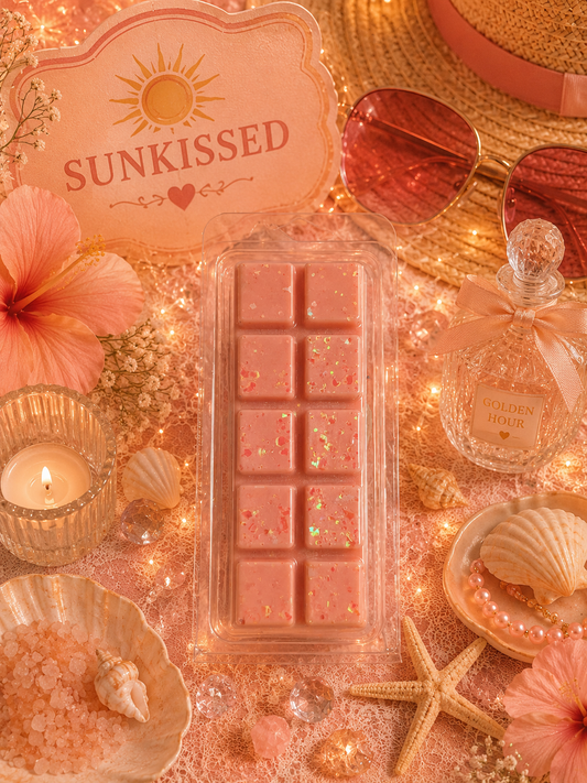 wax melt bar with 'Sunkissed' branding, surrounded by decorative items like a hat, flowers, and candles.