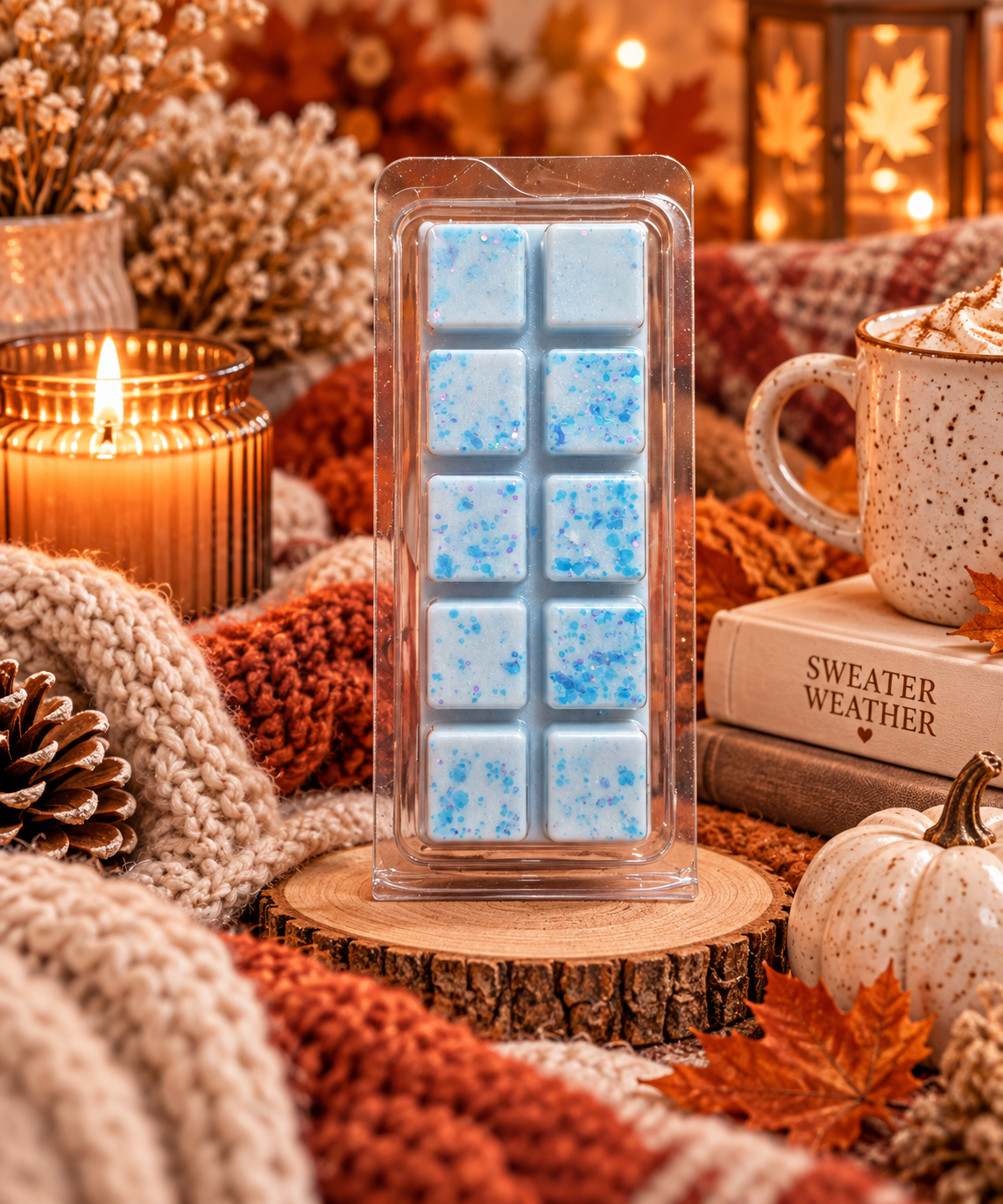 A packaged bar of blue and white marbled wax melts stands centered on a wooden slice, surrounded by cozy fall props including a candle, knit blanket, mug, books, pinecone, and small pumpkin.