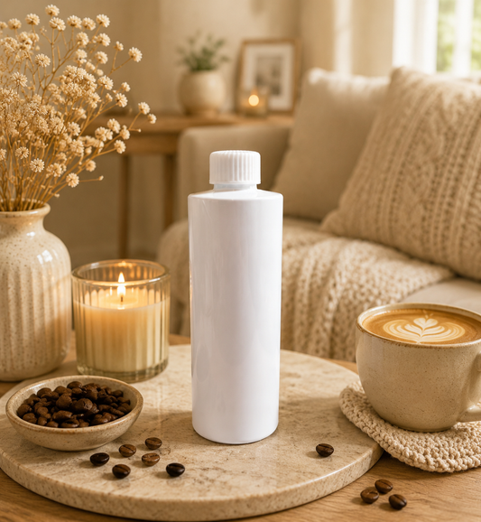 A reed diffuser refill tall, matte white plastic bottle with a ribbed cap stands on a round stone tray in a cozy, warm-toned living room setting. The scene includes a lit candle, coffee beans, a cup of latte art coffee, and dried flowers in the background.