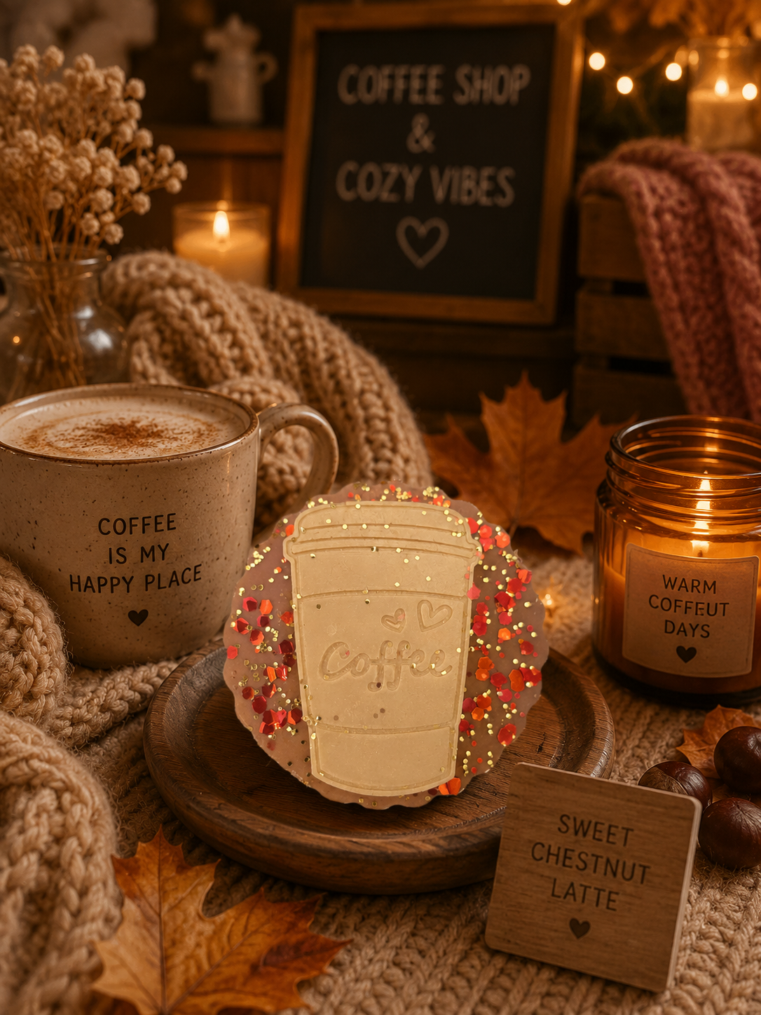 A styled cozy autumn scene with a decorated wax melt coffee shaped like a coffee cup on a wooden tray, surrounded by a mug of coffee, a candle jar labeled 'Warm CoffeY Days', dried flowers, fall leaves, and a sign reading 'Coffee Shop & Cozy Vibes'.
