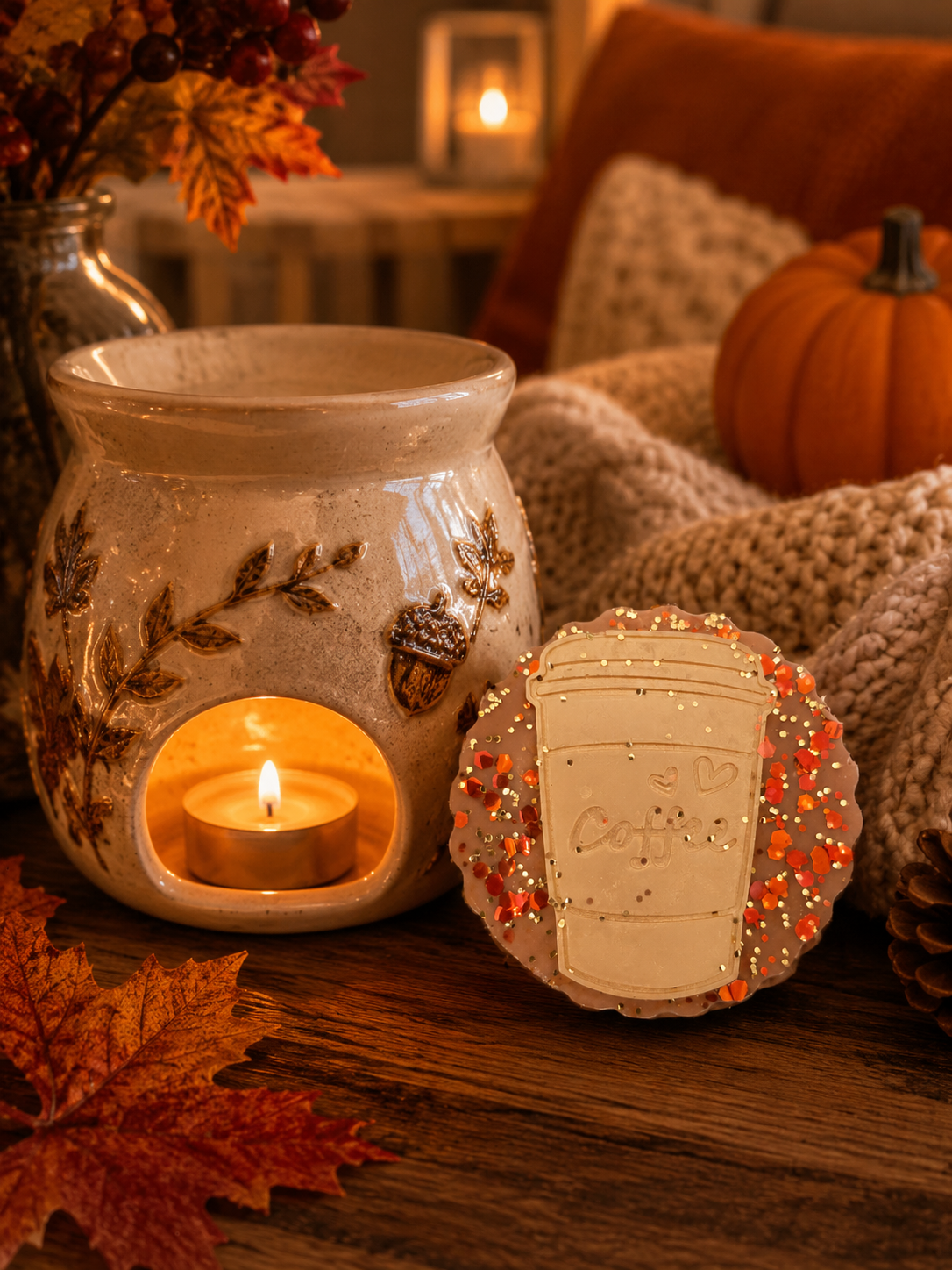 A ceramic scented candle warmer with a matching lid sits on a wooden table in a cozy autumn setting. The warmer has a warm cream glaze with brown leaf and acorn motifs, and a lit tea light candle is visible inside. coffee shape wax melt.