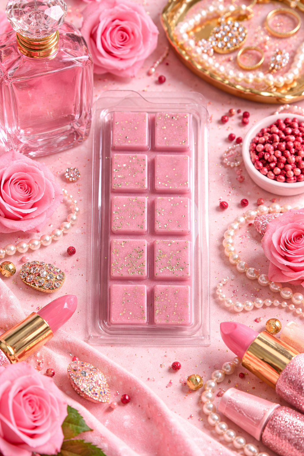 Pink wax melts surrounded by roses, lipsticks, and jewelry on a pink background