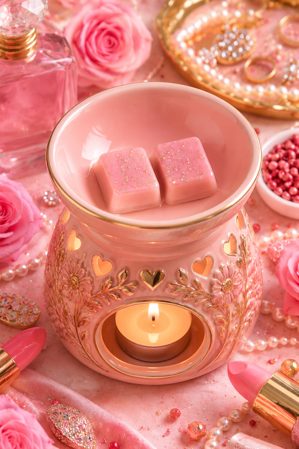 Pink wax melts in burner surrounded by pink girly items.