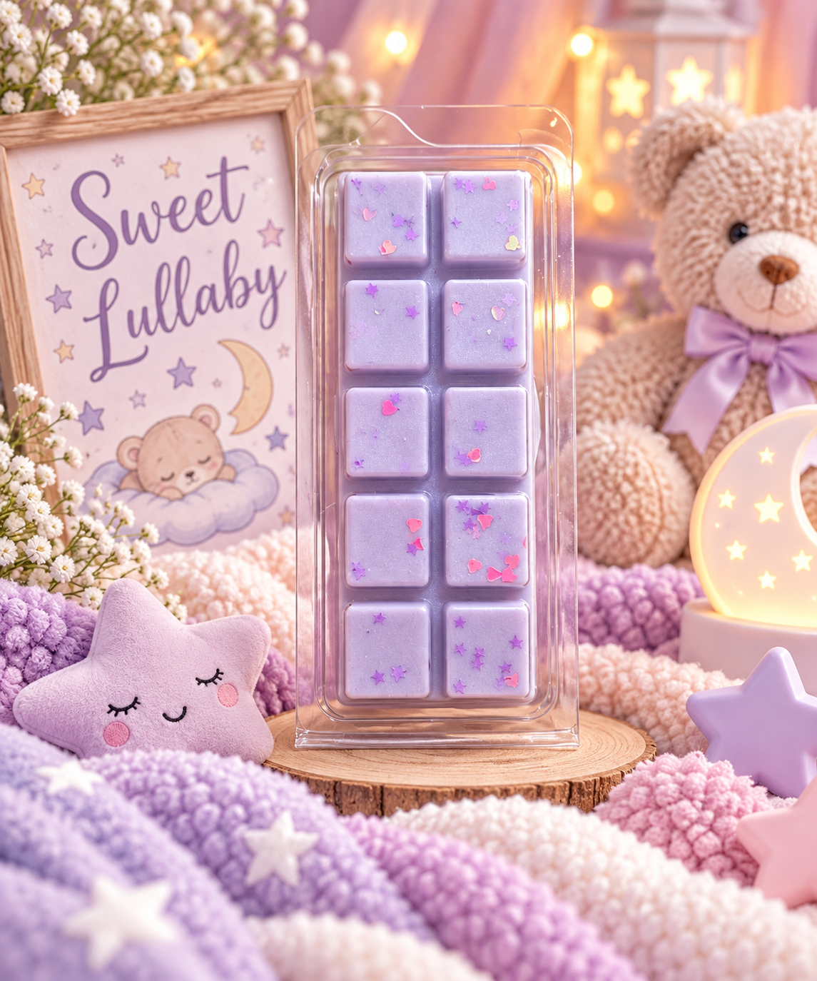 A clear plastic clamshell package containing lavender-colored wax melts arranged like a chocolate bar, set on a wooden slice in a cozy, pastel-themed scene with a teddy bear, star plush, blanket, and a sign that reads 'Sweet Lullaby'.