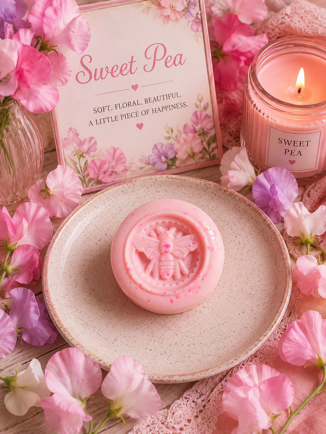A pink round wax melt with a bee embossing sits on a speckled beige ceramic plate, surrounded by pink flowers, a lit pink candle labeled 'Sweet Pea,' and a matching floral sign.