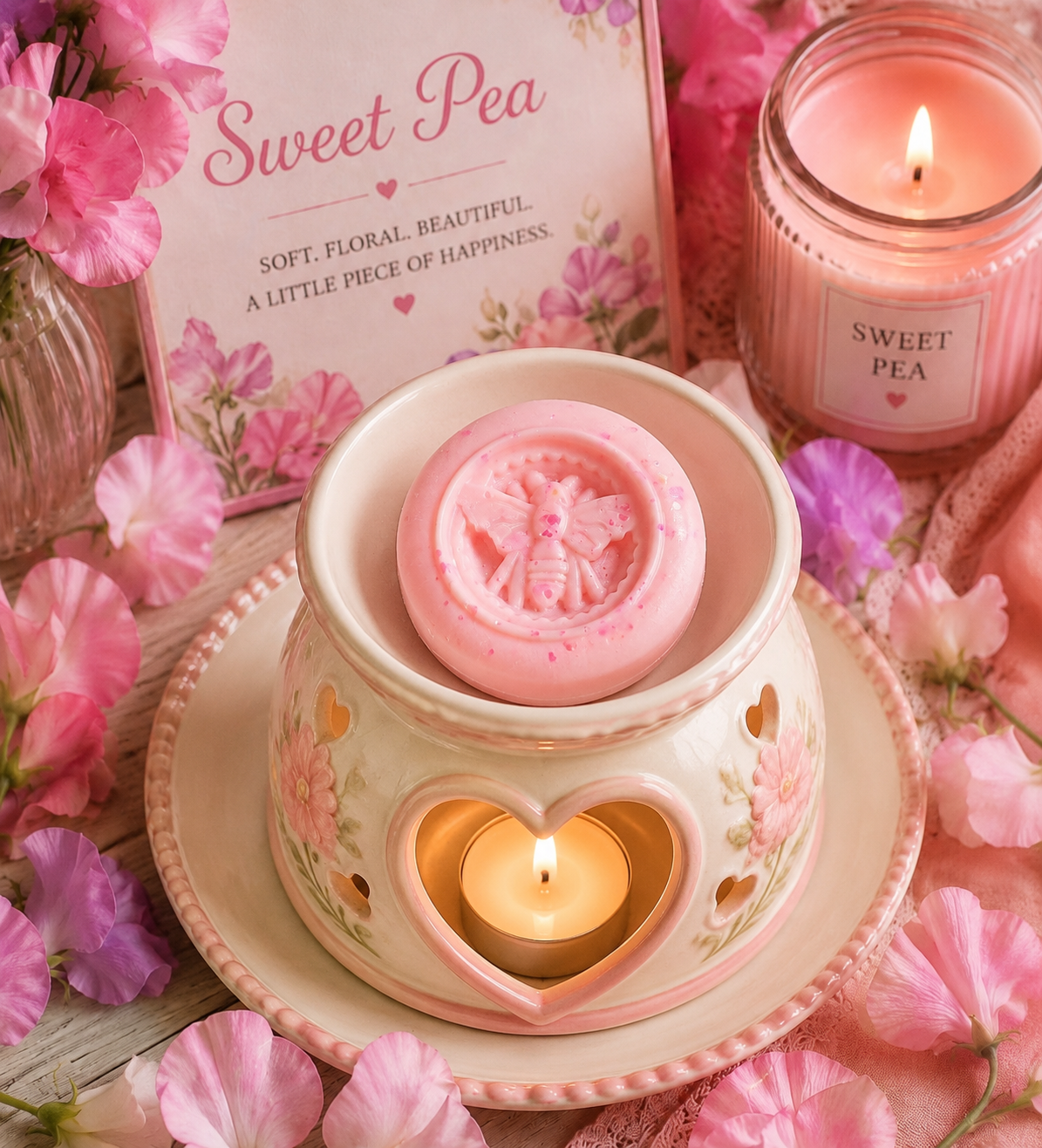 A pink wax melt with a bee embossed on top sits in a ceramic heart-shaped wax warmer with a lit tea light candle inside. The scene is styled with pink flowers, a matching 'Sweet Pea' card, and a lit 'Sweet Pea' candle jar in the background.