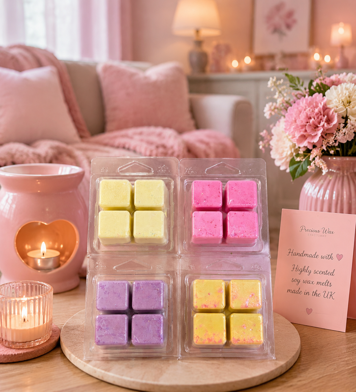 Four packs of handcrafted wax melts in pastel yellow, pink, and purple colors, displayed on a wooden tray in a cozy, warmly lit room setting with candles and a pink sofa in the background.