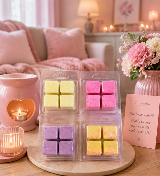 Four packs of handcrafted wax melts in pastel yellow, pink, and purple colors, displayed on a wooden tray in a cozy, warmly lit room setting with candles and a pink sofa in the background.