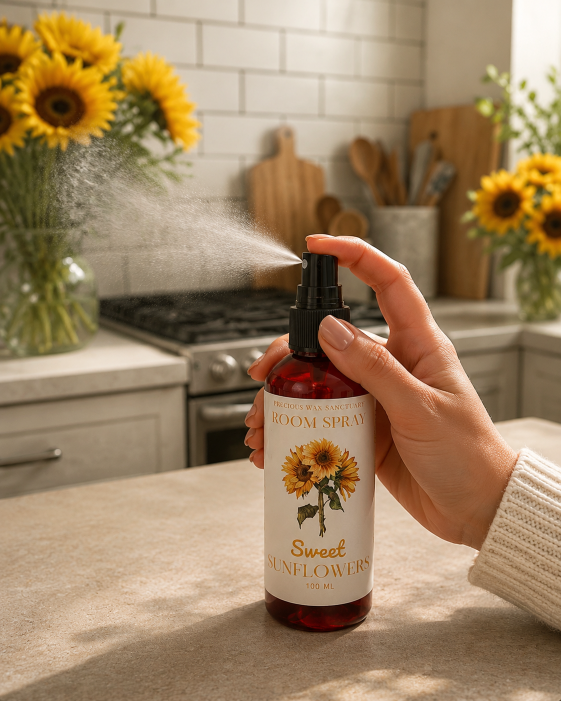 Sweet sunflowers room spray being spritzed in kitchen with sunflowers. 