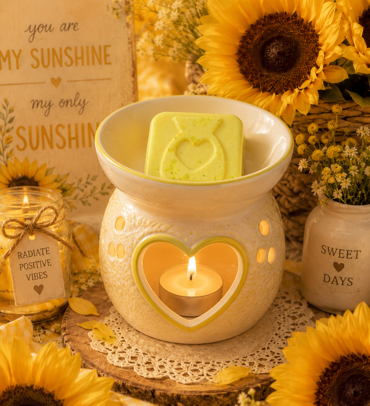 A ceramic wax warmer with a heart-shaped cutout, lit with a tea light candle inside, holding a pale yellow wax melt with a heart design. The scene is styled with sunflowers, a 'SUNSHINE' sign, and decorative jars.