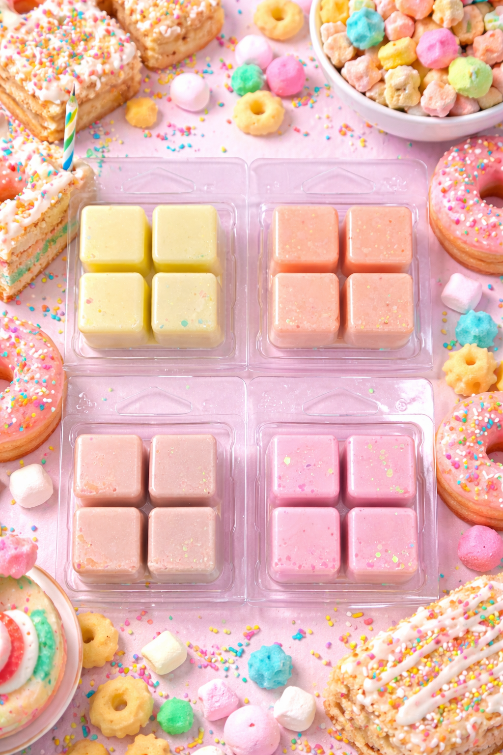 Pastel-colored square wax melts in clear packaging surrounded by donuts and cookies on a pink background