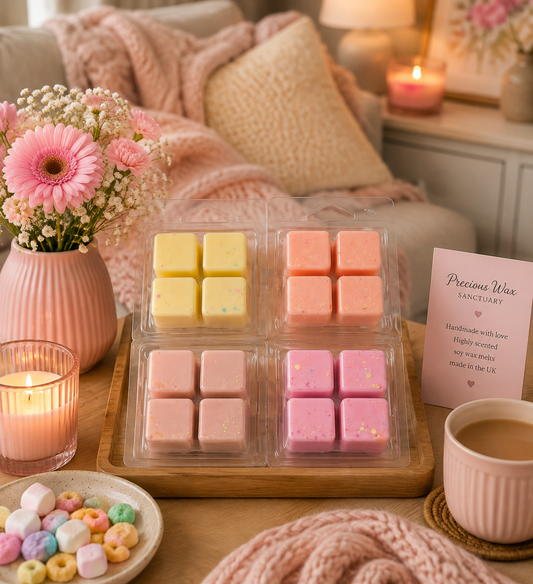 4 sweet treat inspired wax melts displayed in cosy home.