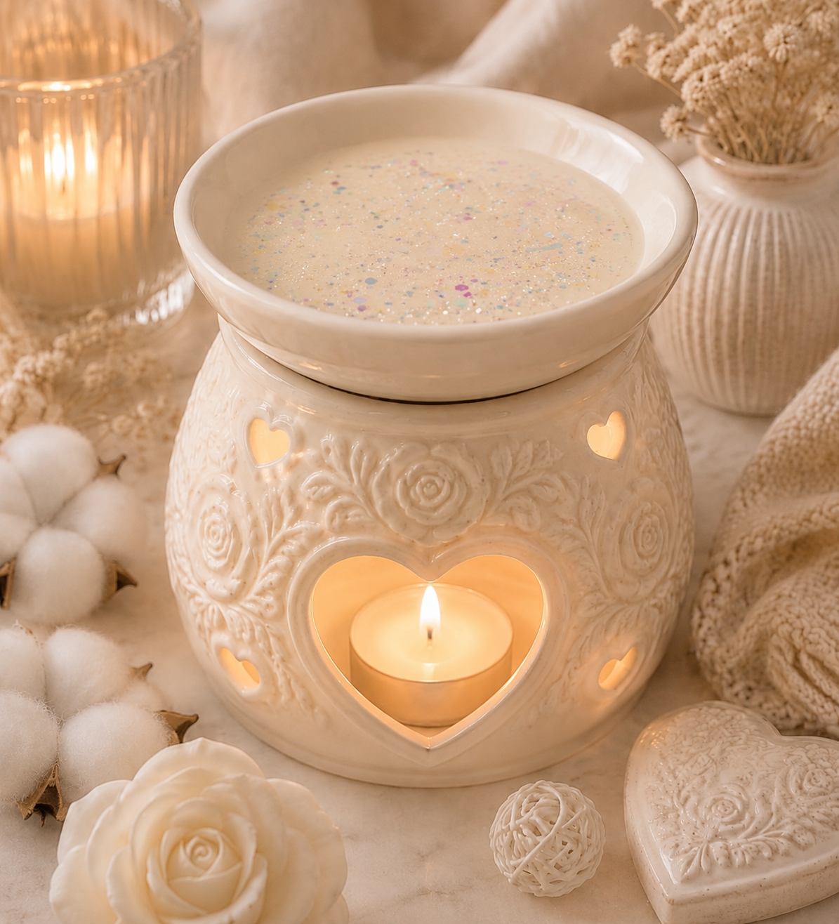 A cream-colored ceramic wax warmer with a floral embossed pattern, featuring a heart-shaped cutout that holds a lit tea light candle. The bowl on top contains a light-colored wax melt with fine glitter.