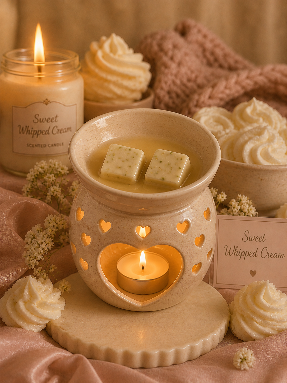 sweet whipped cream wax melts in burner with candle and cosy decor background.