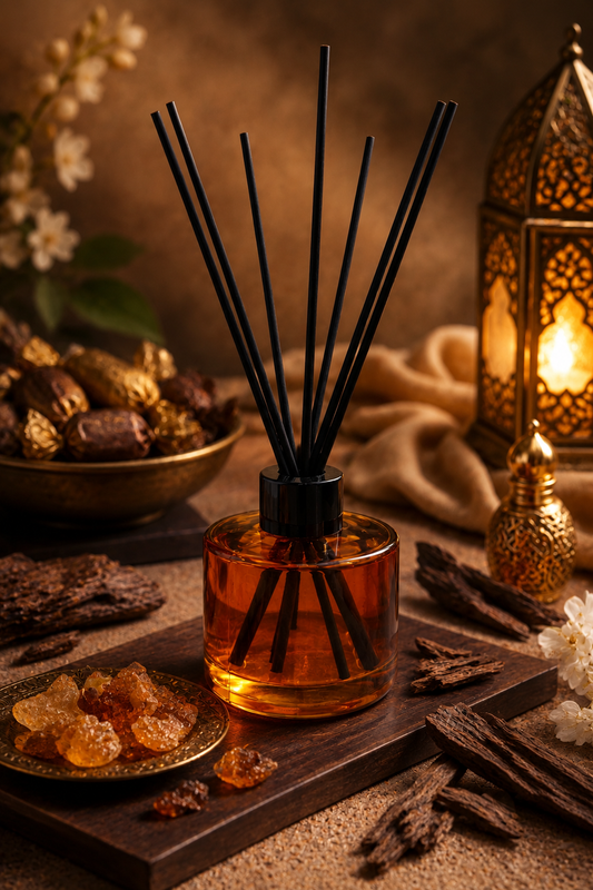 Reed diffuser with black sticks in a glass bottle on a wooden surface with decorative items.