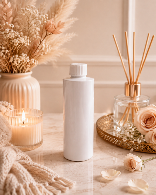 A reed diffuser refill white bottle with a ribbed cap stands on a light marble surface in a styled interior scene. Surrounding props include a lit candle, dried pampas grass in a cream vase, a reed diffuser with wooden sticks, and pale pink roses on a gold tray.
