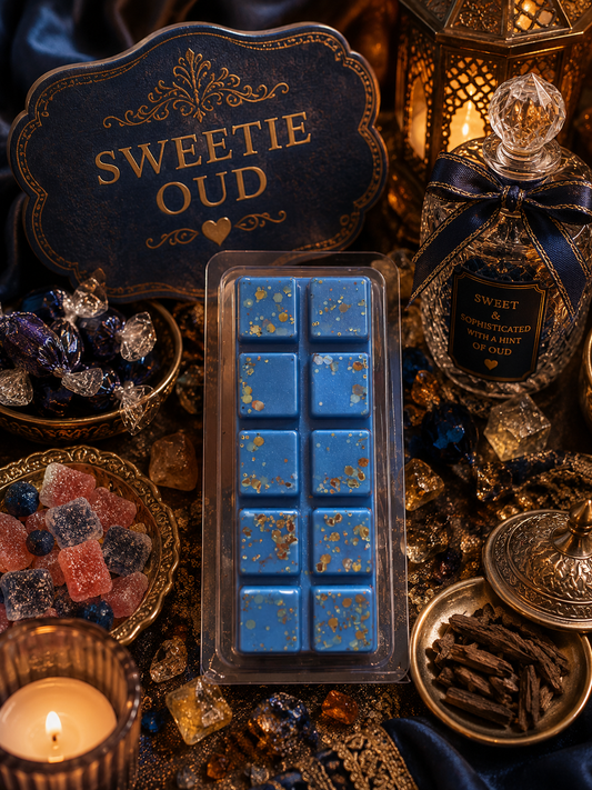 Packaged blue wax melts with decorative background featuring candles and gemstones.