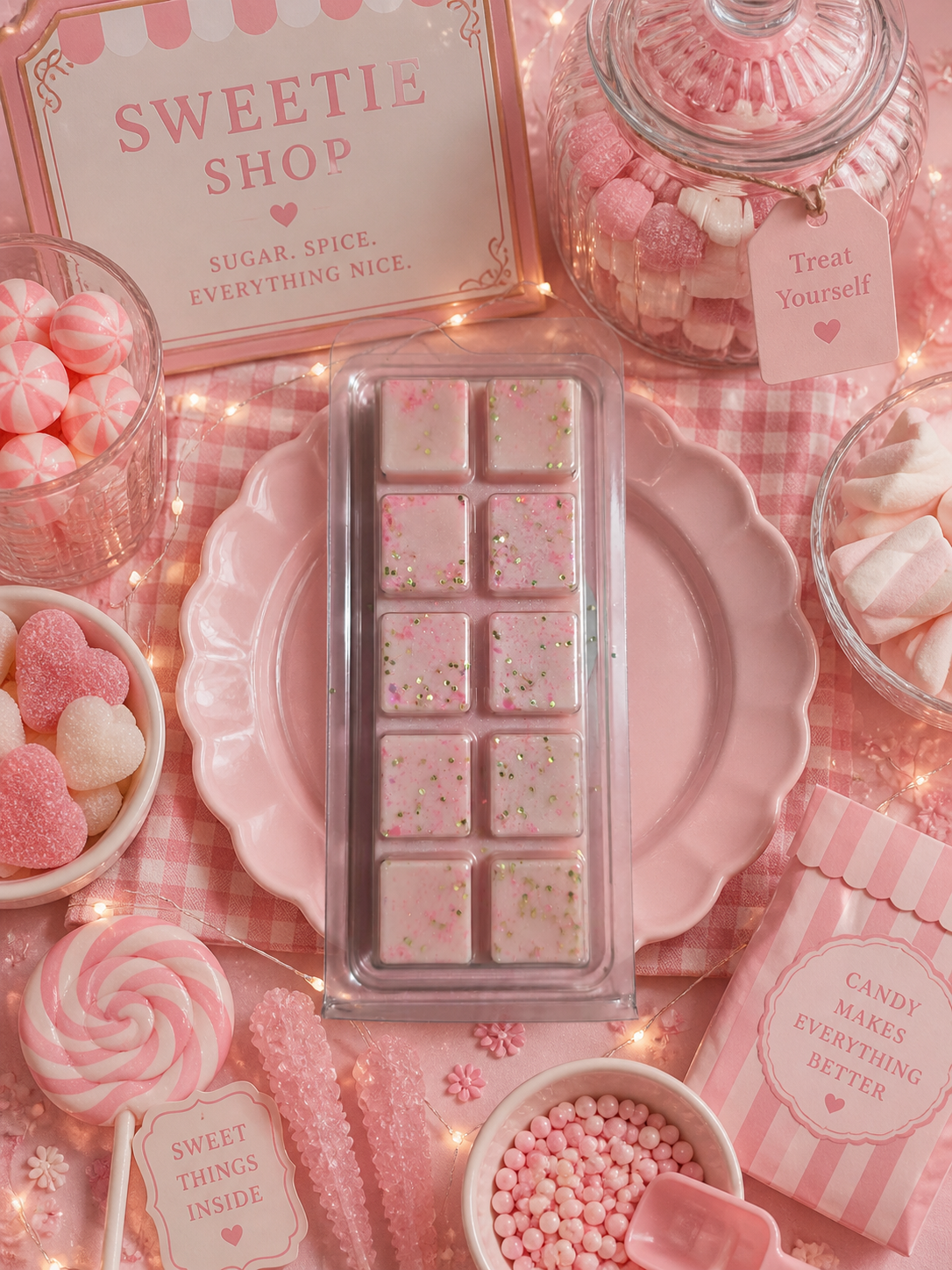 Pink wax melt packaging on a pink background with candy and 'Sweetie Shop' text.