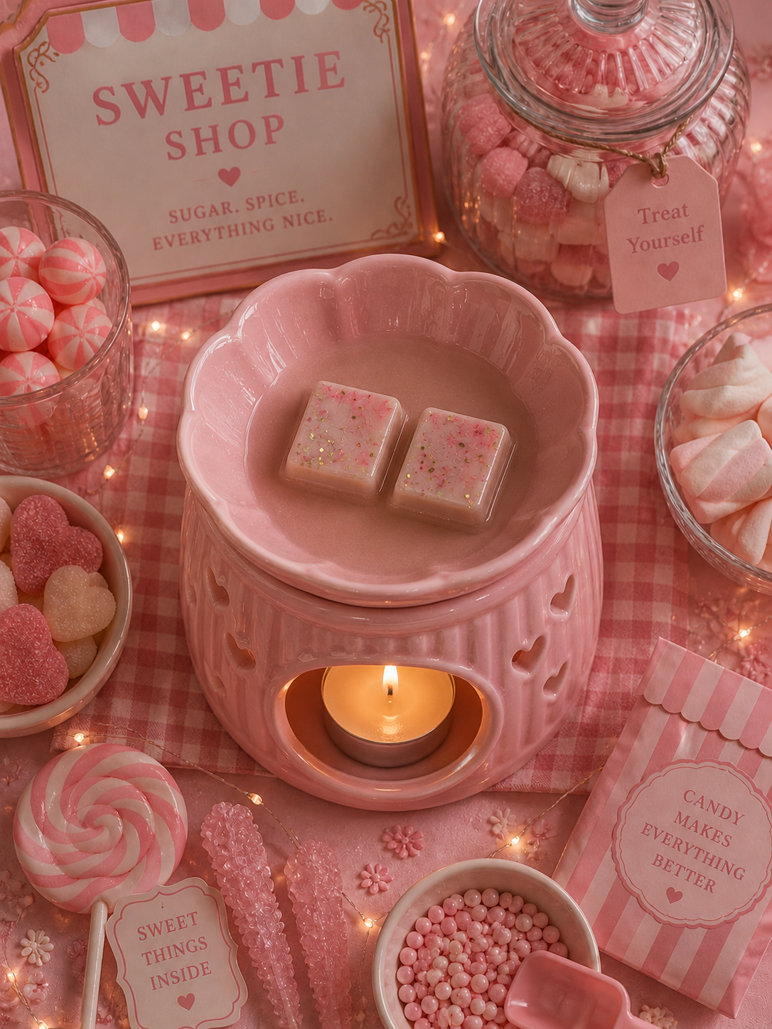 Sweet Shop wax melt in wax warmer surrounded by pink theme sweet shop decor.
