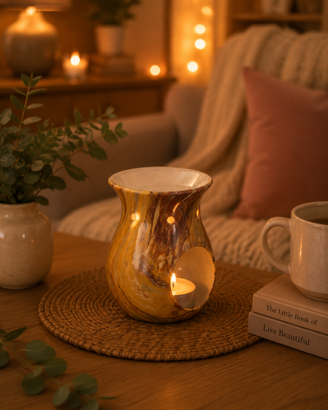 Brown tealight wax warmer lit in cosy home