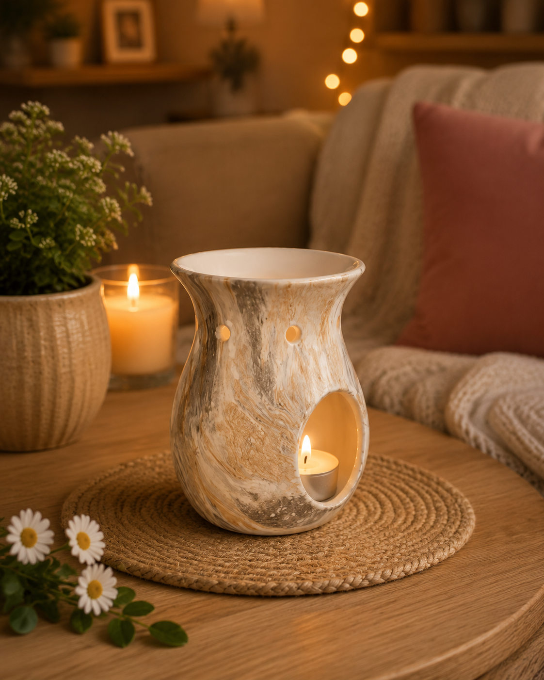 A ceramic wax warmer with a marbled beige and gray finish sits on a woven placemat on a wooden table, lit with a small tea light candle. A potted plant, a lit candle, and a cozy living room background with a sofa and throw blanket are visible.
