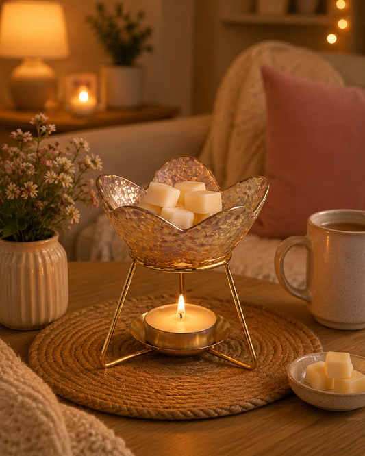 Amber petal tealight wax melter burner in cosy home