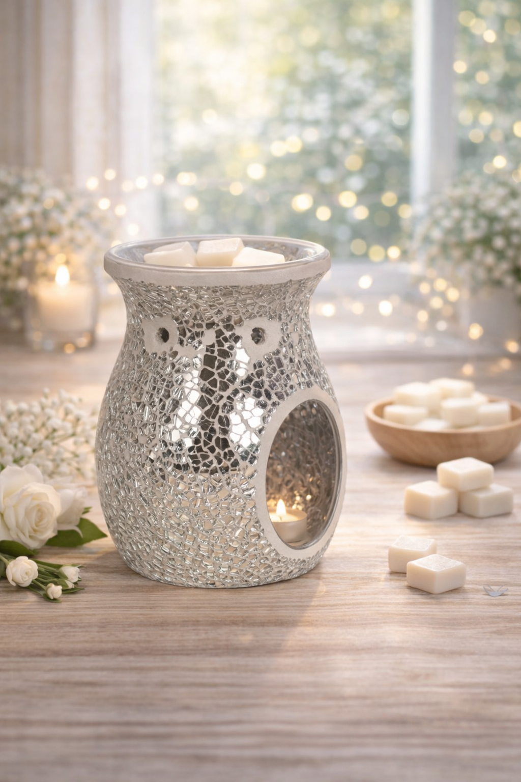 Decorative wax and oil warmer on a wooden surface with flowers and candles in the background