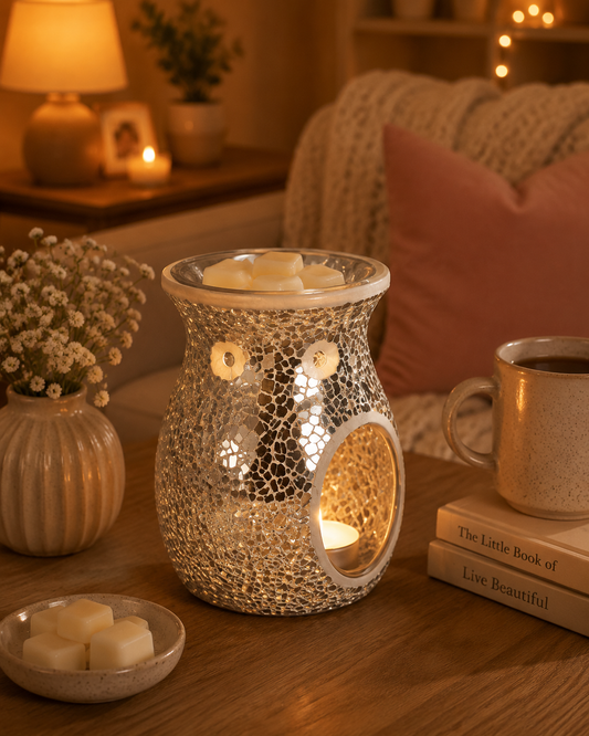Lit silver mosaic wax melt burner in cosy home