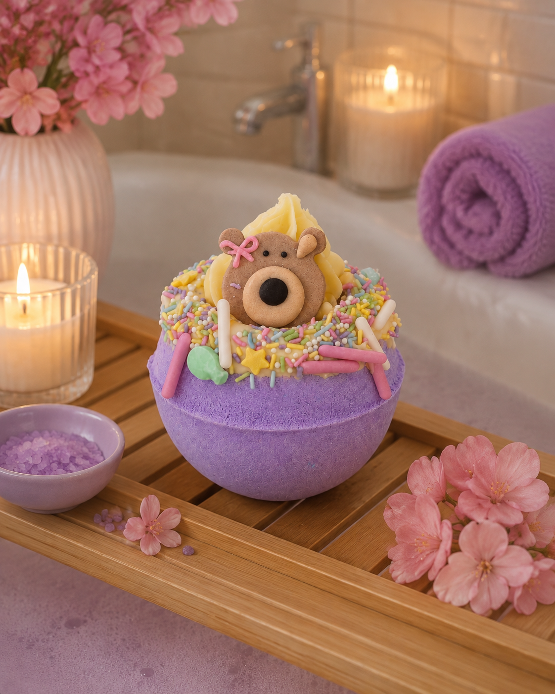A purple bath bomb shaped like a cupcake sits on a wooden tray in a spa-like setting. The top is decorated with yellow frosting, colorful sprinkles, a small teddy bear cookie, and pink candy accents.