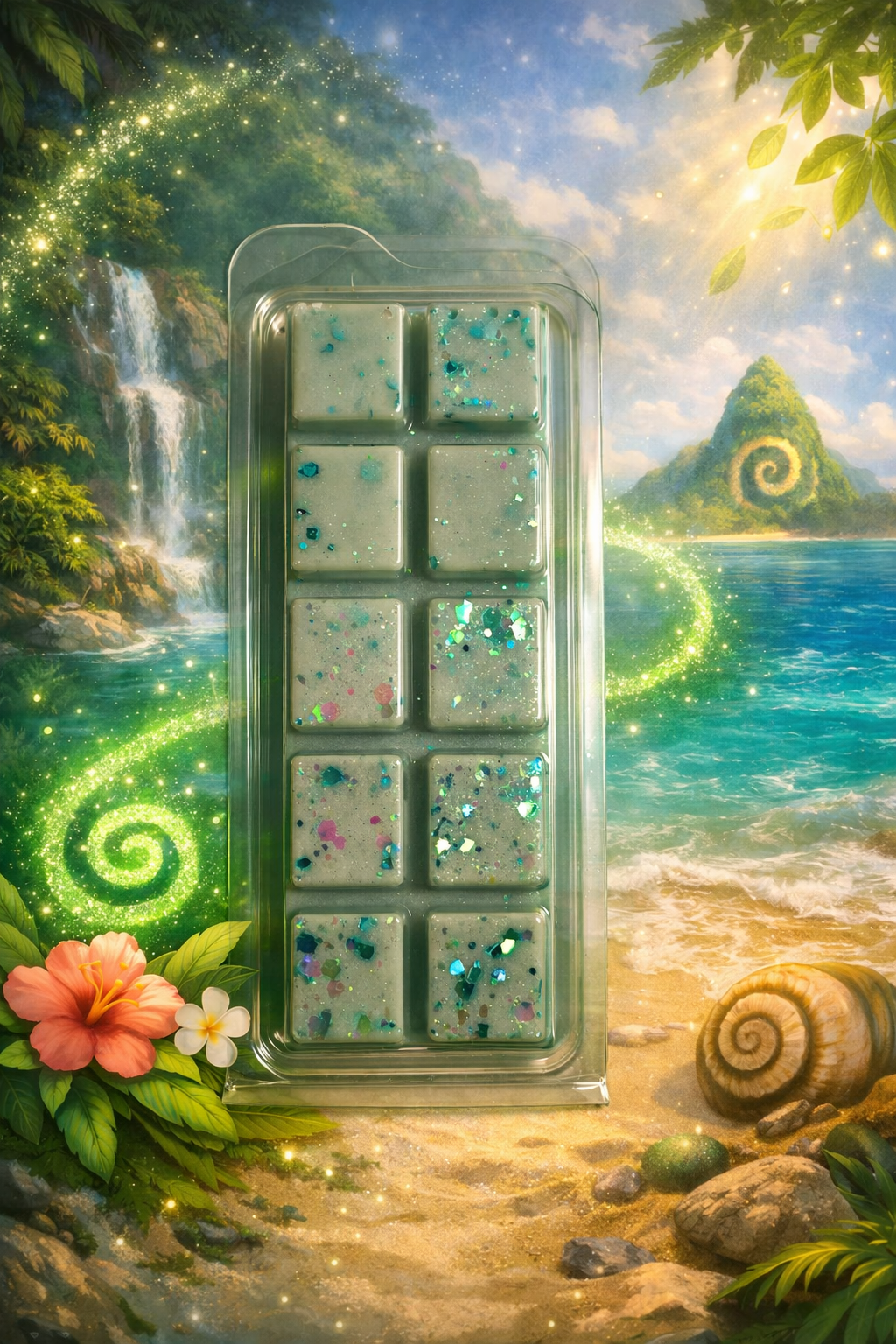 green wax melt with glittery elements against a fantasy landscape background