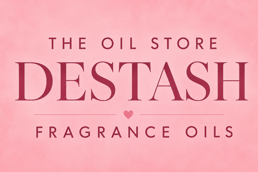 Pink background with 'The Oil Store Destash Fragrance Oils' text