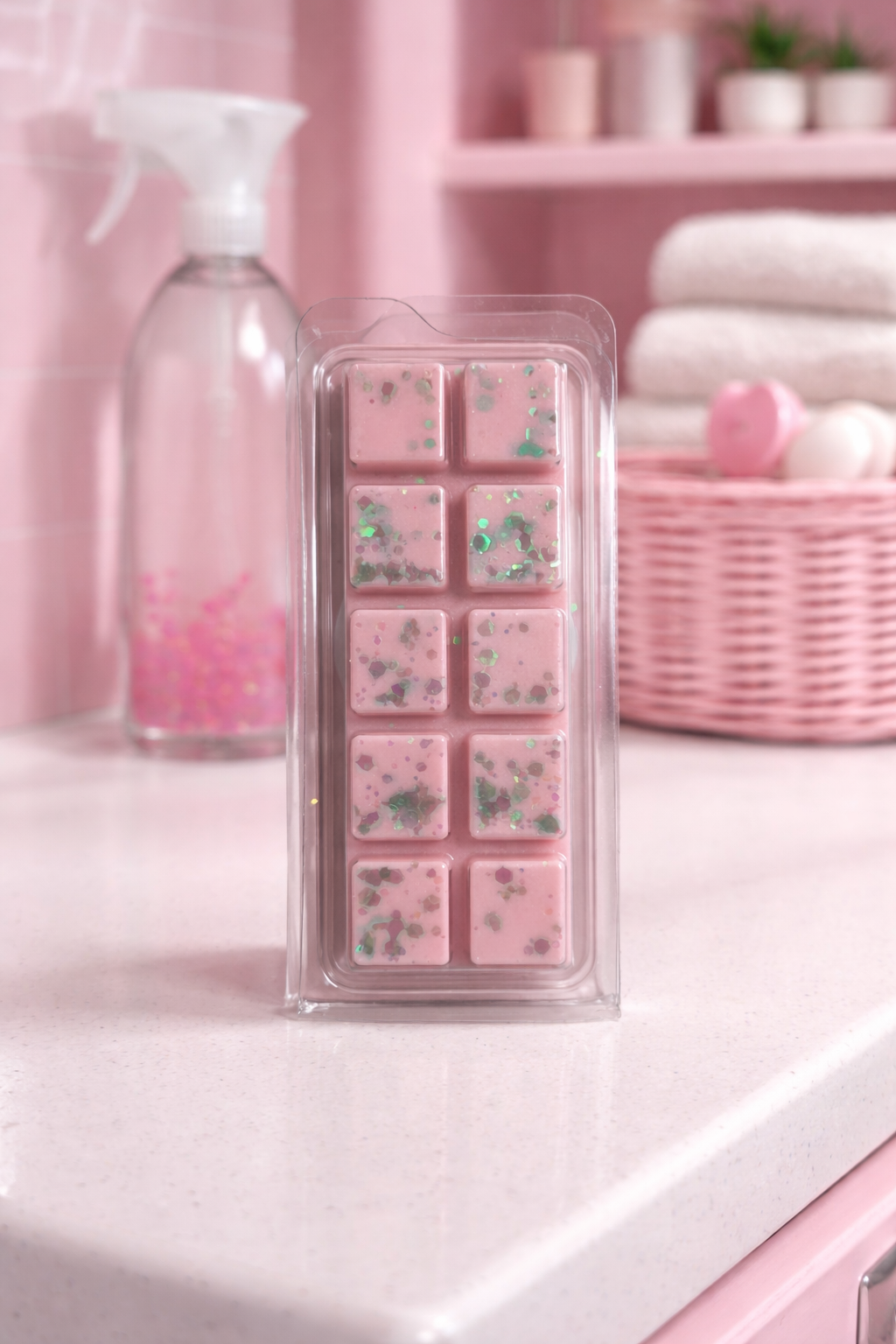 Pink wax melt mold with floral design on a pink surface