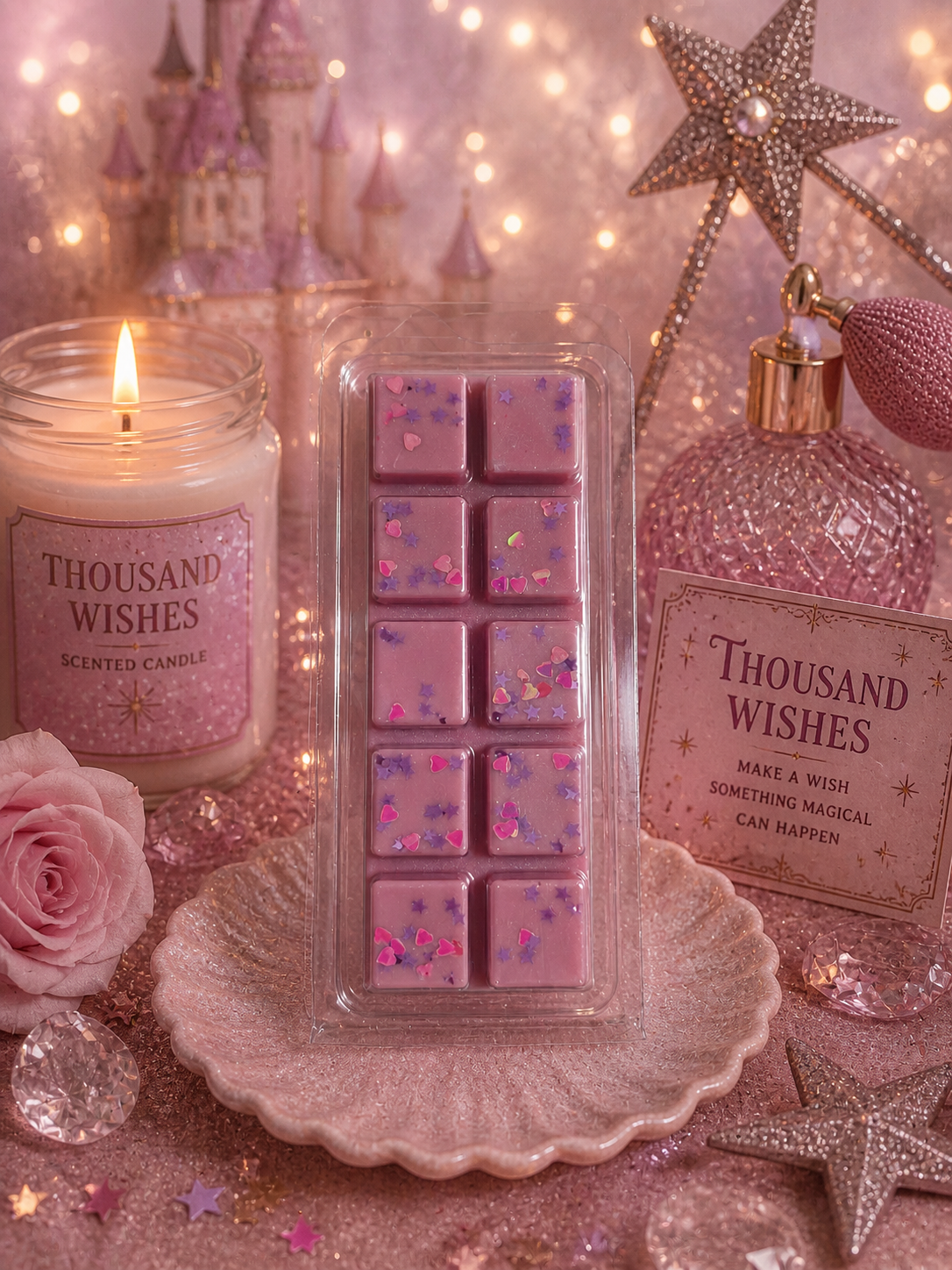 thousand wishes wax melt bar with magical pink candle, fairy wishes, stars background theme.