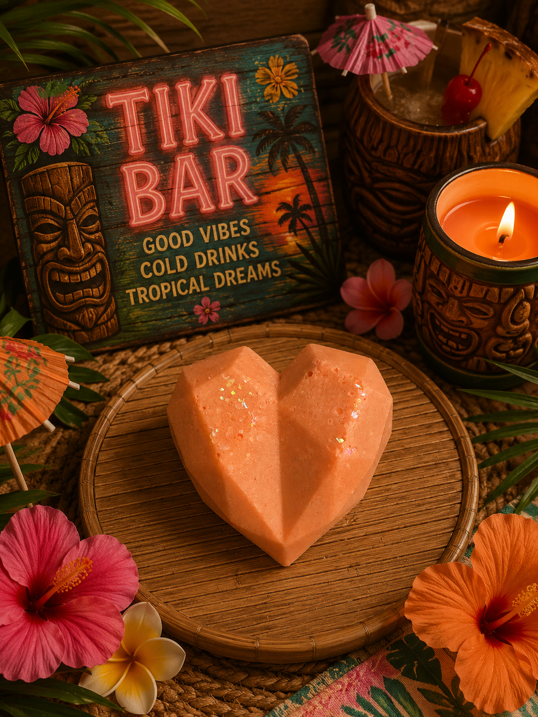 A heart-shaped orange wax melt with gold glitter sits on a round wooden tray, surrounded by tropical flowers, a lit candle, and a decorative sign that reads 'TIKI BAR'.