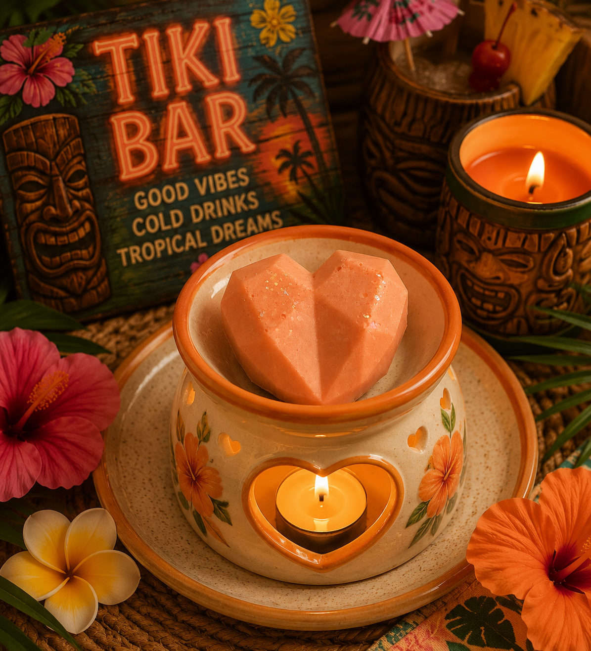 A tropical-themed Tiki Bar wax melt set in a ceramic heart-shaped warmer with a lit tealight candle, surrounded by hibiscus flowers, a Tiki mug, and a Tiki Bar sign in the background.