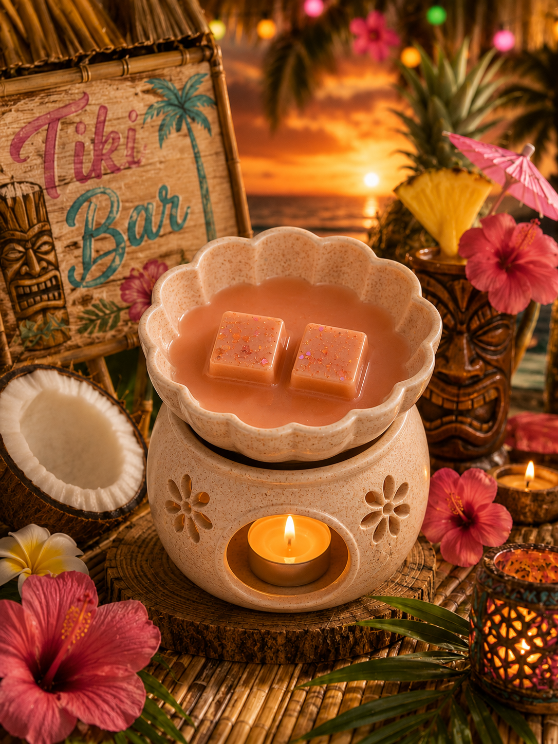 A tropical-themed wax melt warmer set on a bamboo surface, surrounded by hibiscus flowers, a tiki sign, and a warm sunset beach scene in the background. The warmer contains two orange wax melts and a lit tealight candle.