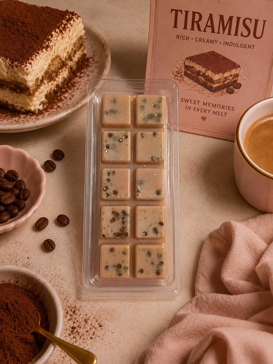 Wax melt bar styled on a beige surface with a tiramisu slice, coffee cup, coffee beans, cocoa powder, and a pink Tiramisu box in the background.