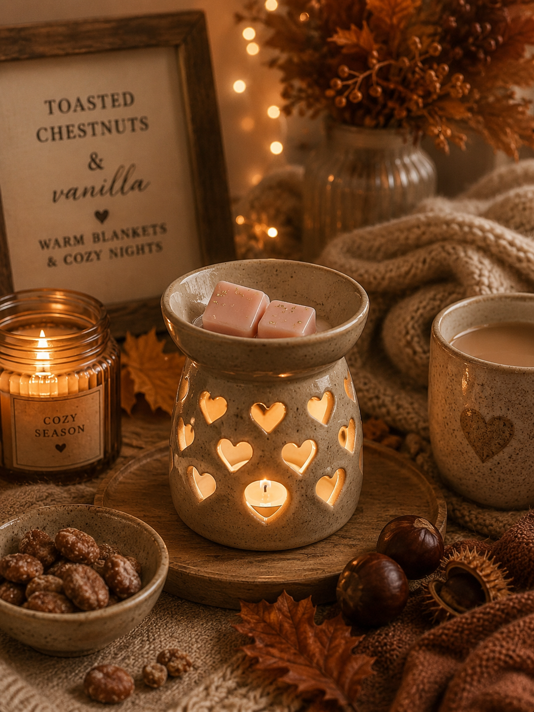 A warm, cozy autumn scene featuring a ceramic heart-lit wax warmer in the center, surrounded by a lit candle jar, a mug of hot cocoa, chestnuts, acorns, and a knitted blanket. A framed sign in the background reads 'TOASTED CHESTNUTS & vanilla WARM BLANKETS & COZY NIGHTS'.