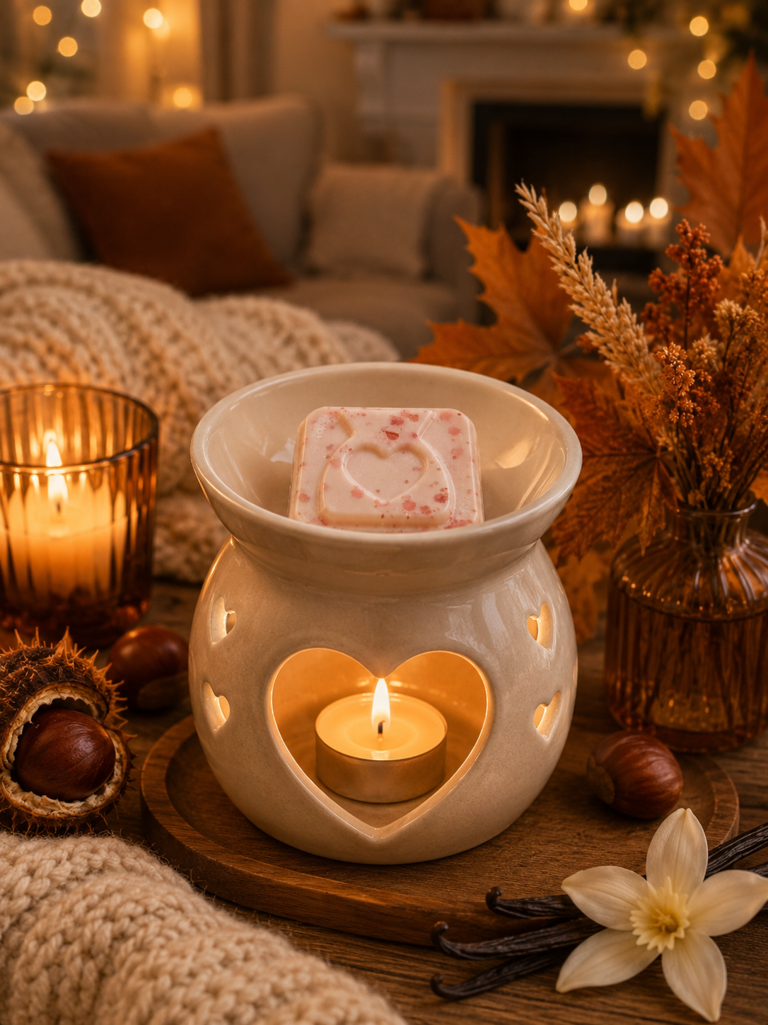 A heart-shaped ceramic wax warmer with a lit tealight candle inside, holding a small pink-and-white wax melt with a heart motif. The scene is styled warmly with candles, dried leaves, a knit blanket, and autumn decor in a cozy indoor setting.