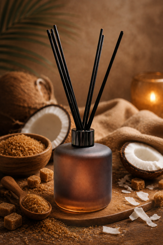 Reed diffuser with coconut and brown sugar on a wooden surface