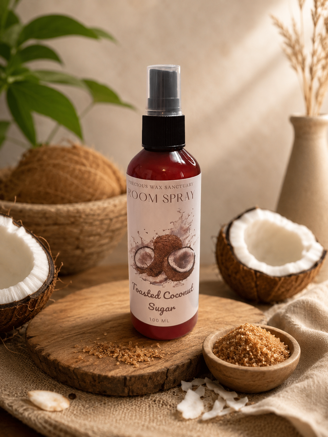 Room spray bottle with coconut ingredients on a wooden surface