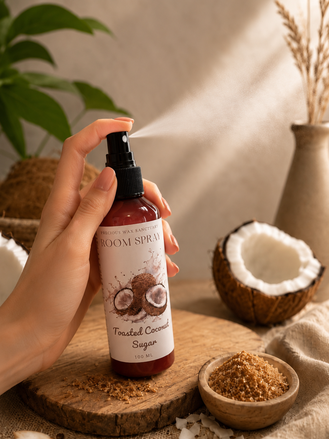 Toasted coconut sugar room spray is use with coconut sugar background theme.