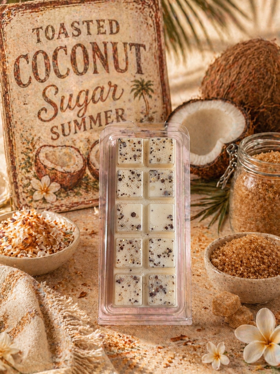 Toasted coconut sugar summer wax melt bar with coconut and sugar ingredients on a rustic background