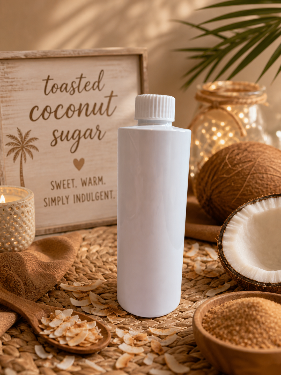 Reed diffuser refill White bottle on a woven surface with toasted coconut sugar sign, coconuts, and bowl of sugar.