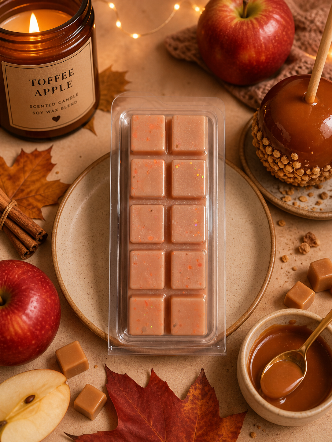 Packaged toffee apple wax melts on a table with apples, candles, and caramel.