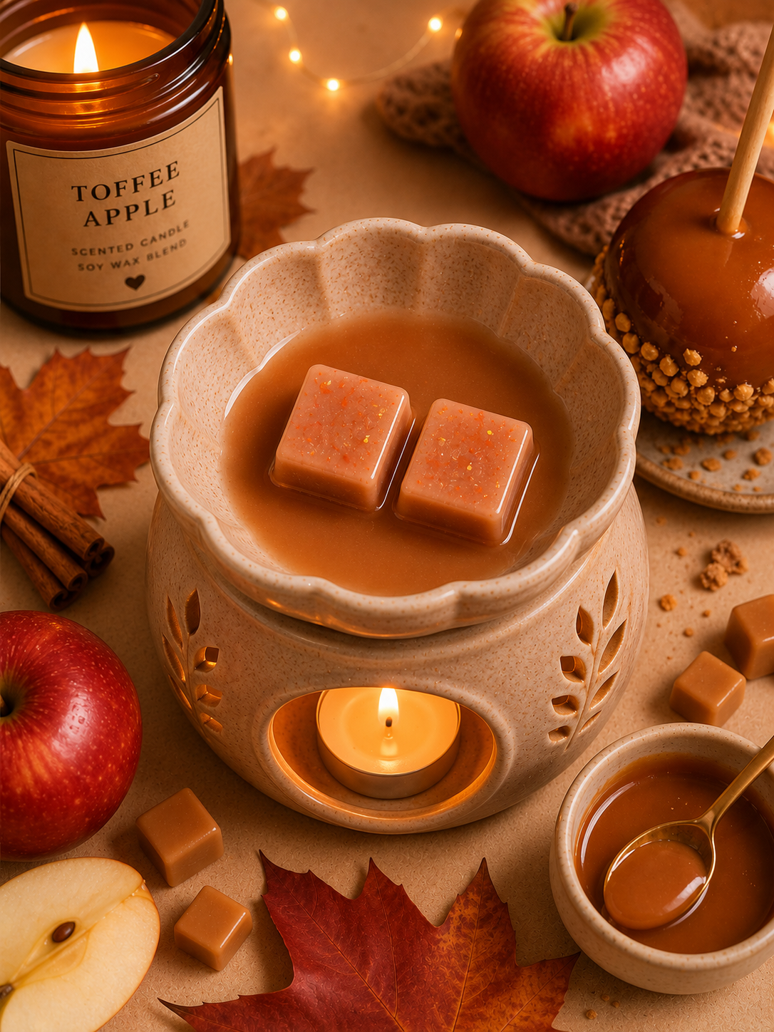 toffee apple wax melts in wax warmer with candle and toffee apple background theme.