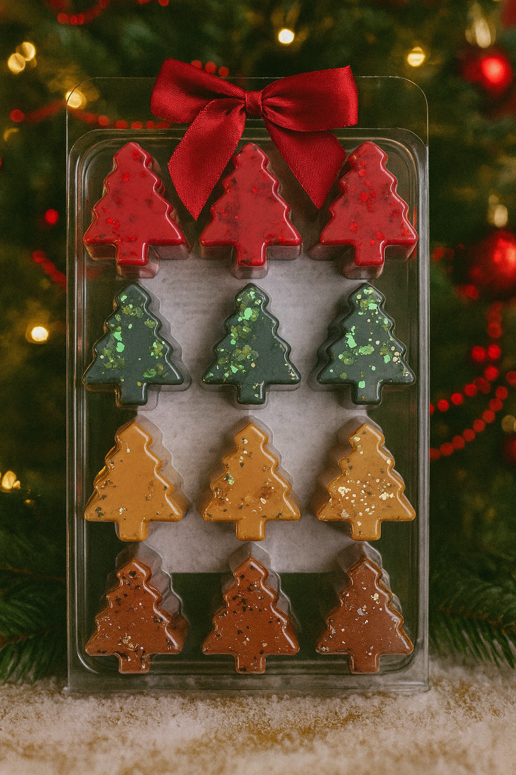 Set of Christmas tree-shaped wax melts in red, green, and gold packaging with a red bow against a festive background.