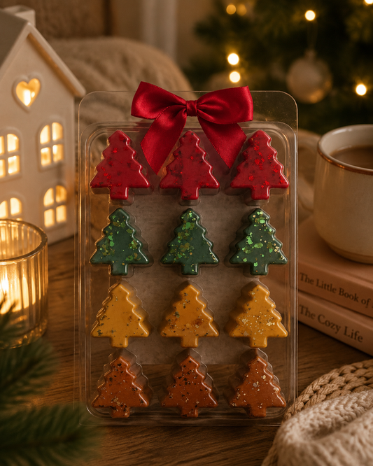 Christmas tree shape wax melt gift set in home surrounded by cosy decor.